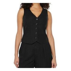 New Express Women's Classic Fit V-Neck Button Up Linen Vest Size M Black